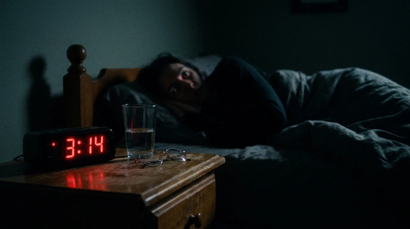 A digital clock showing 3:14 AM in a dark room, with a person lying awake in the background.