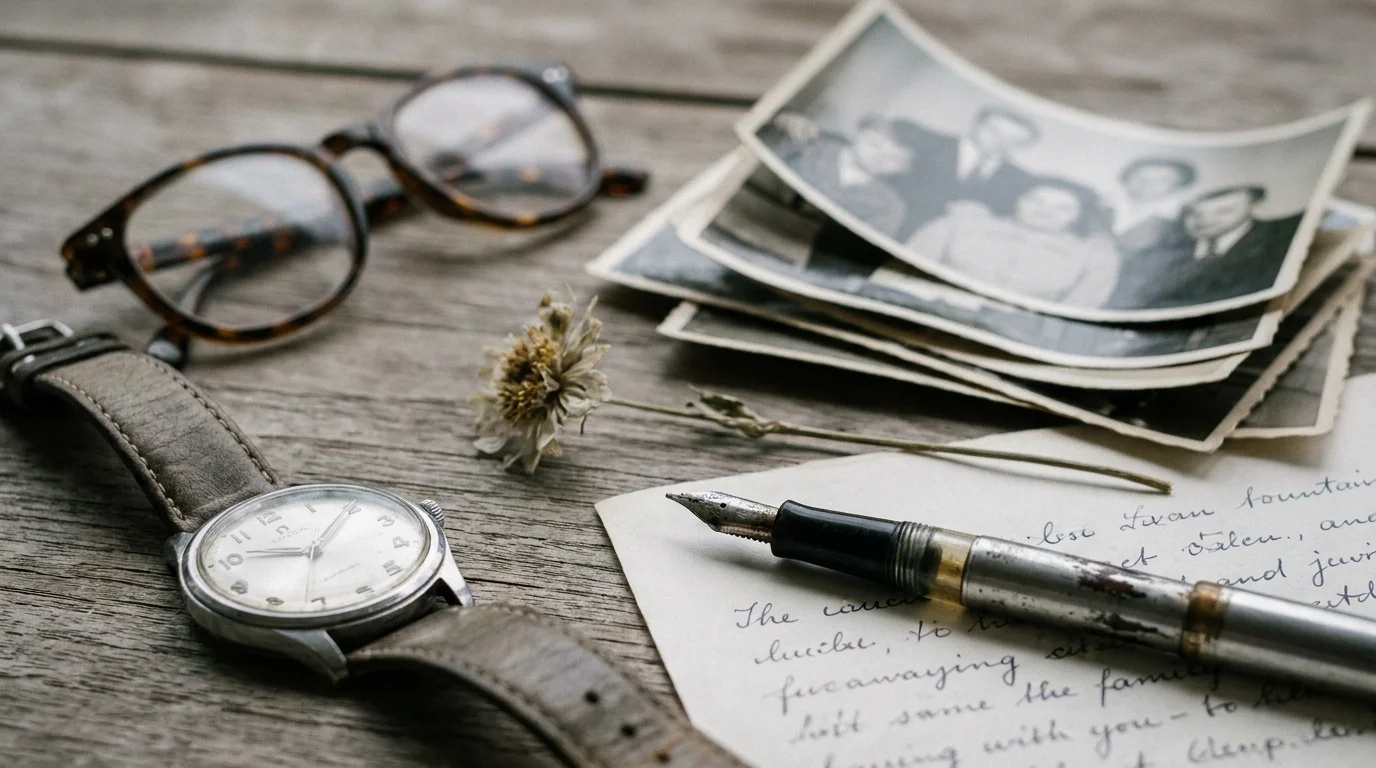 A flat-lay photograph of an old watch, glasses, vintage photos, and a fountain pen on a wooden table.