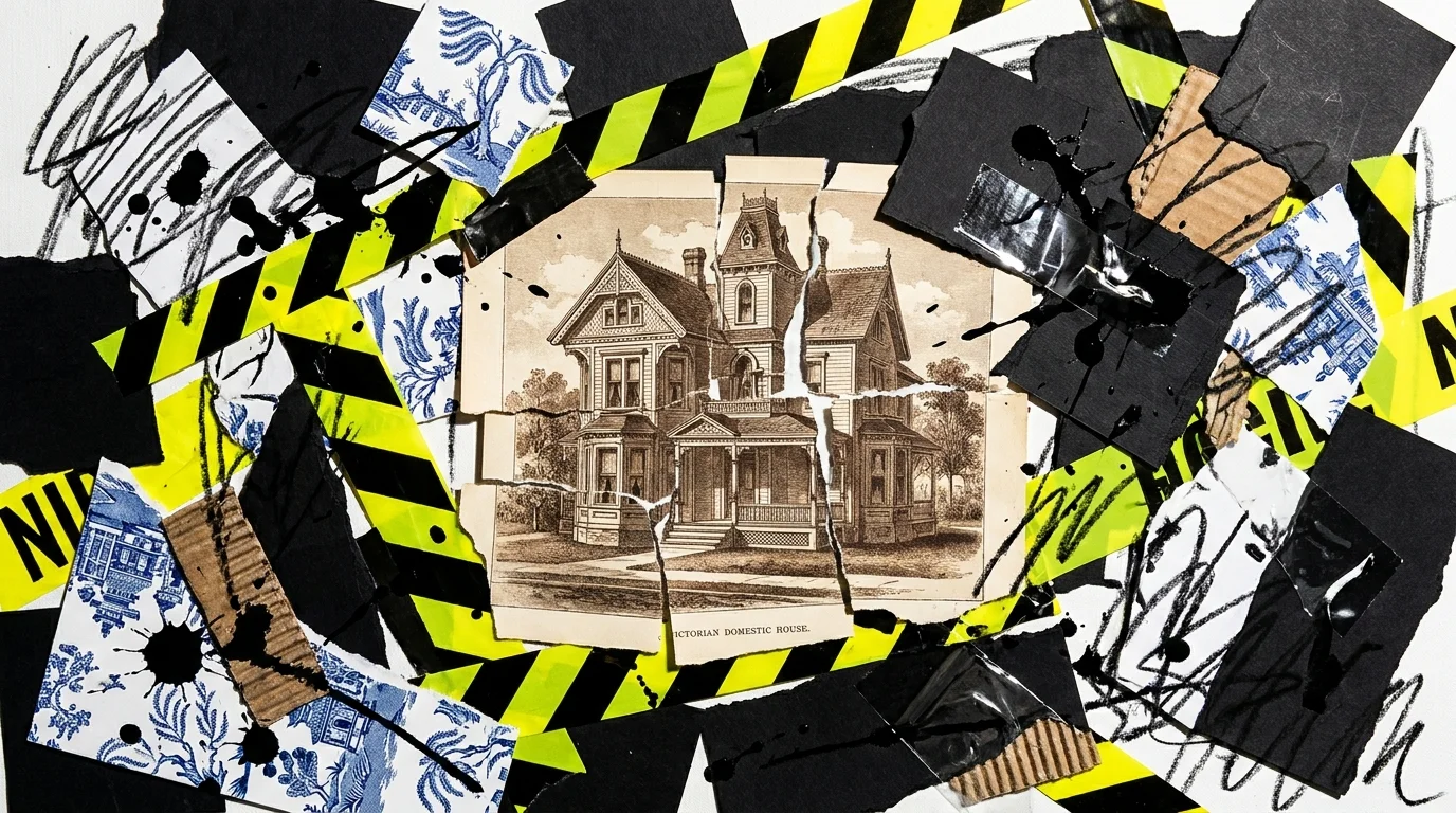A fragmented collage of torn black paper, yellow tape, and a broken house illustration, representing childhood chaos.