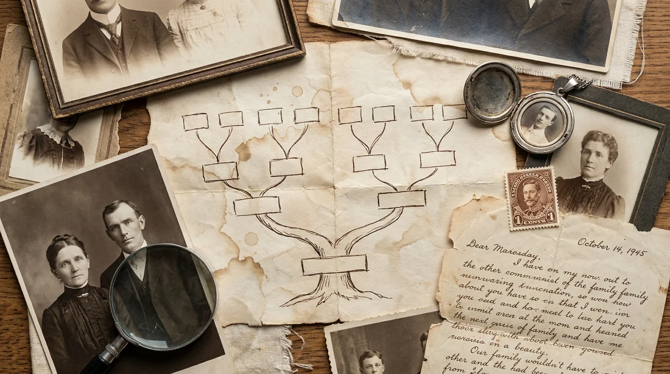 A heritage collage with a family tree sketch, old sepia photos, and a handwritten letter.