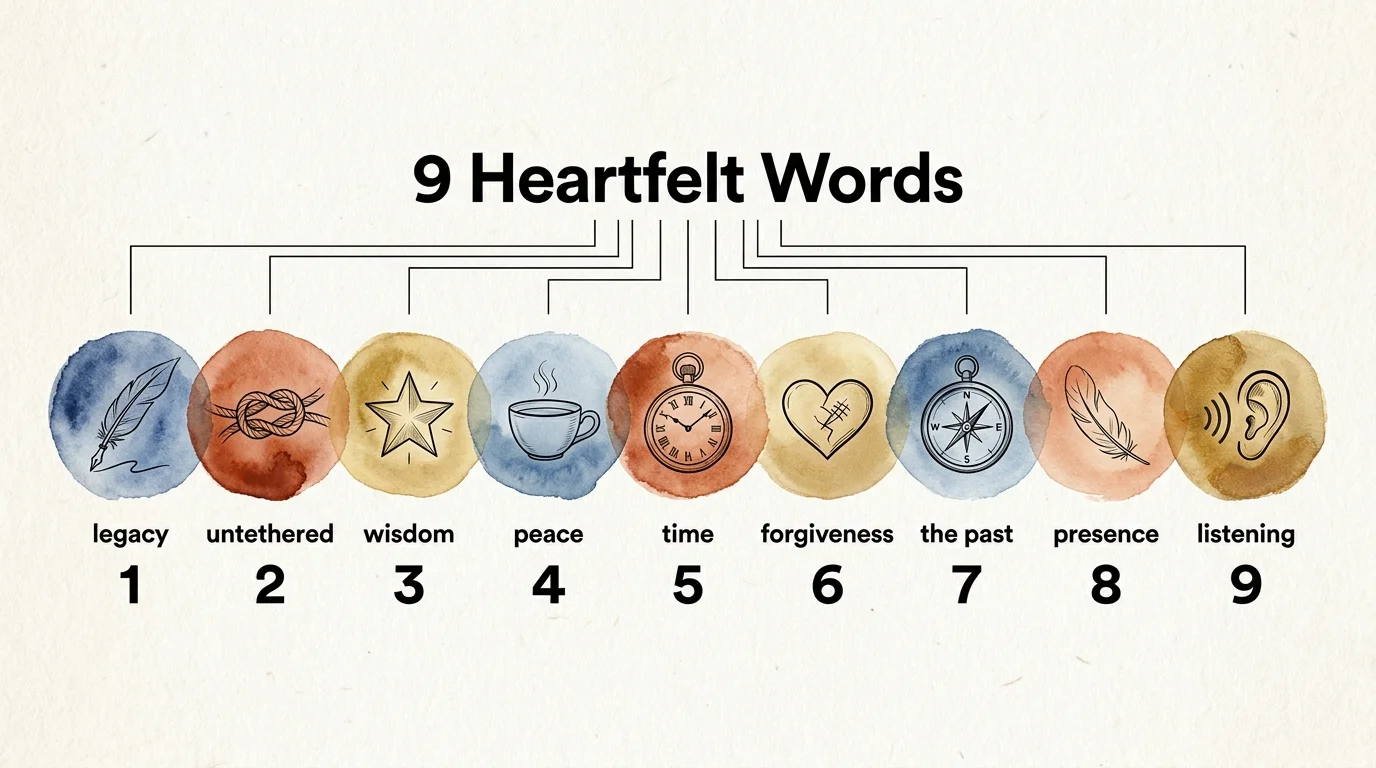 A horizontal infographic showing nine watercolor circles with icons representing the nine heartfelt phrases for senior parents.