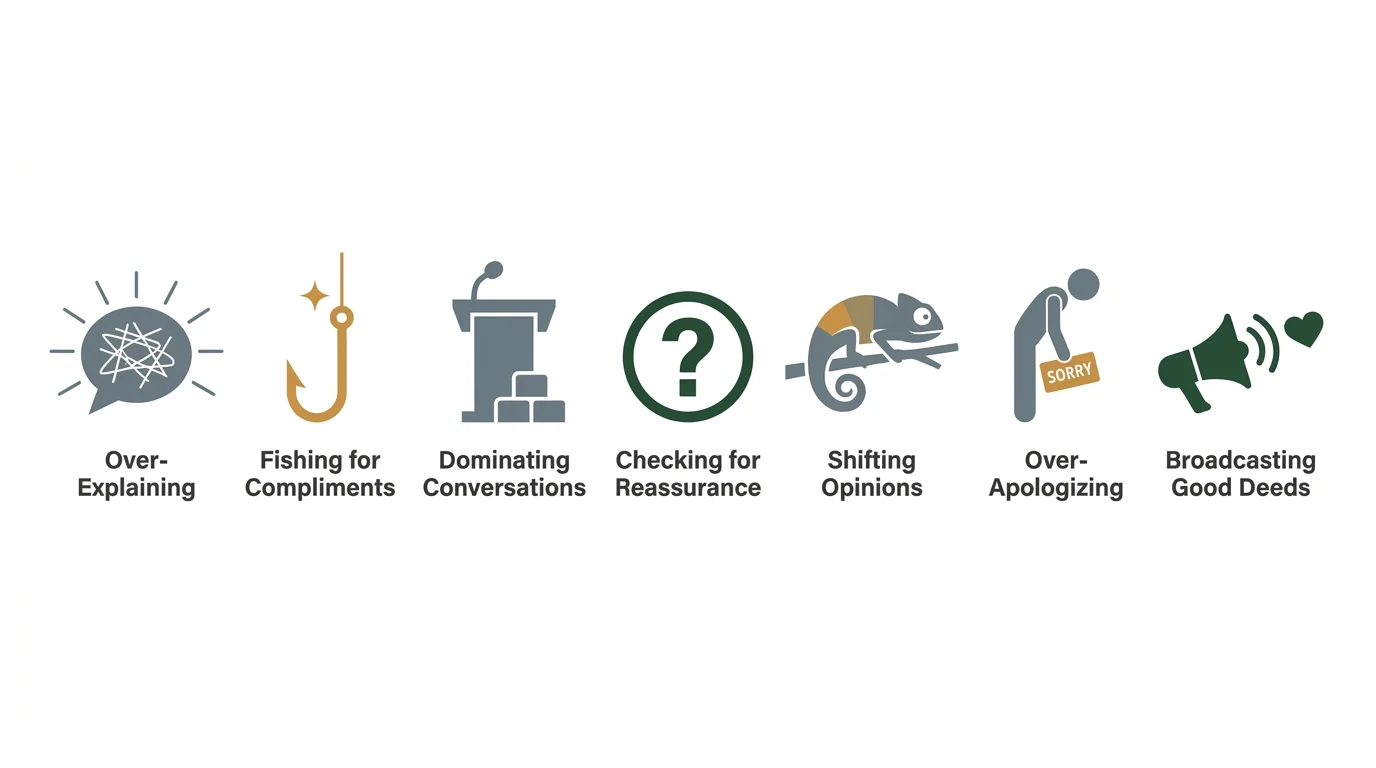 A horizontal infographic showing seven icons representing behaviors like over-explaining and over-apologizing.