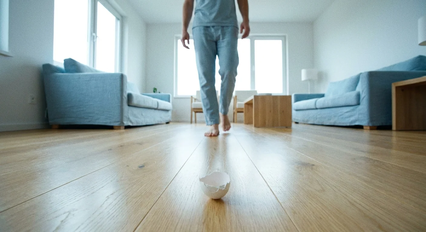 A low-angle photo of a bare foot approaching a tiny eggshell fragment on a clean wooden floor.