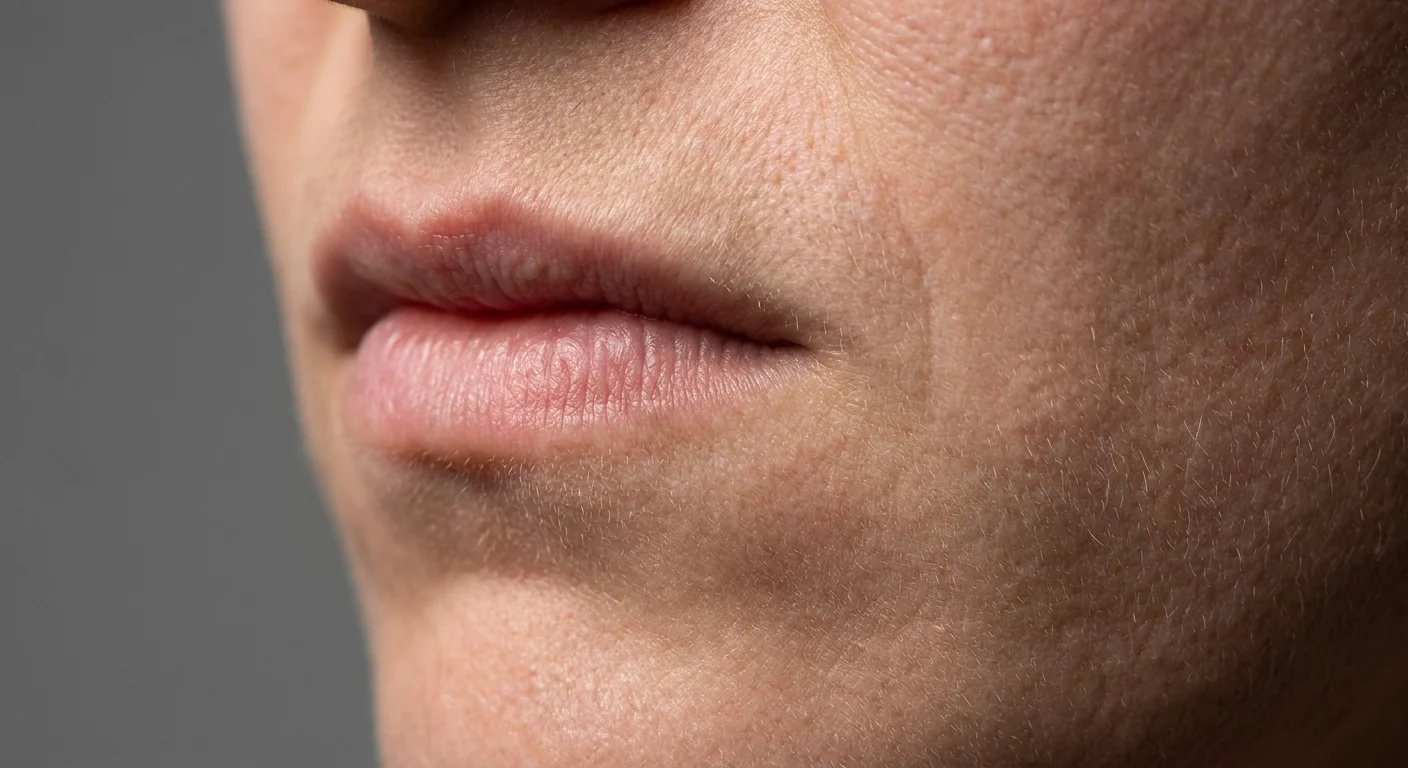 A macro photograph of the corner of a mouth showing a subtle, fleeting expression of contempt.