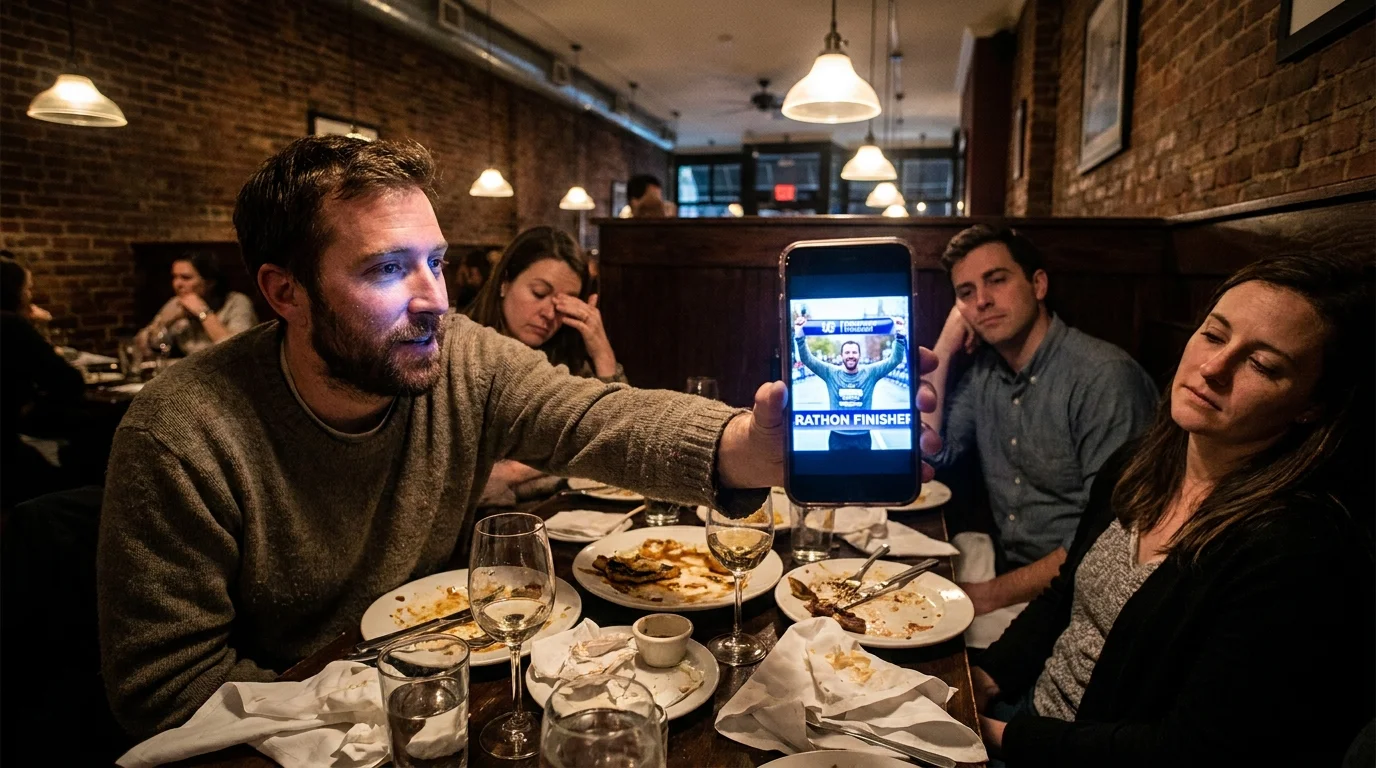 A man at a dinner party showing a marathon photo on his phone to uninterested friends.