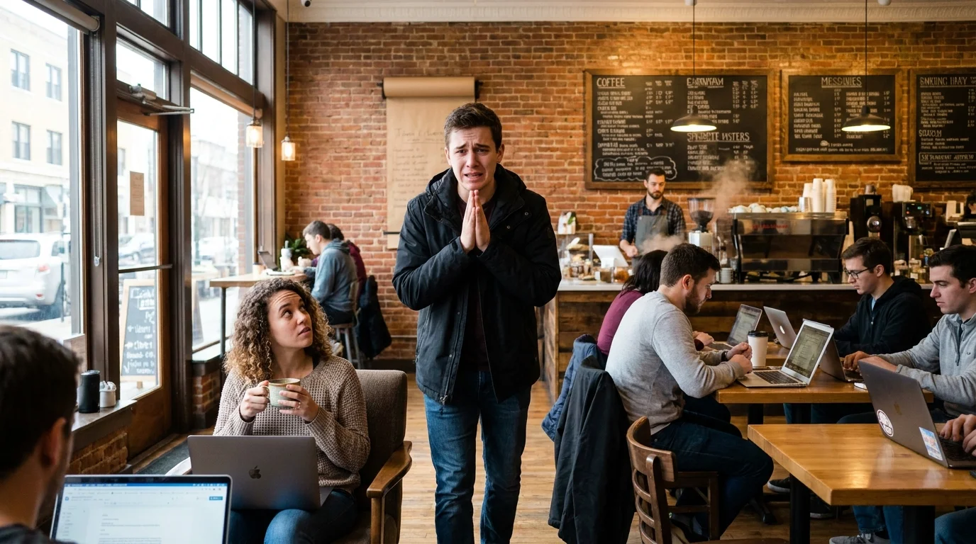A man in a coffee shop looking extremely apologetic after barely touching someone's chair.