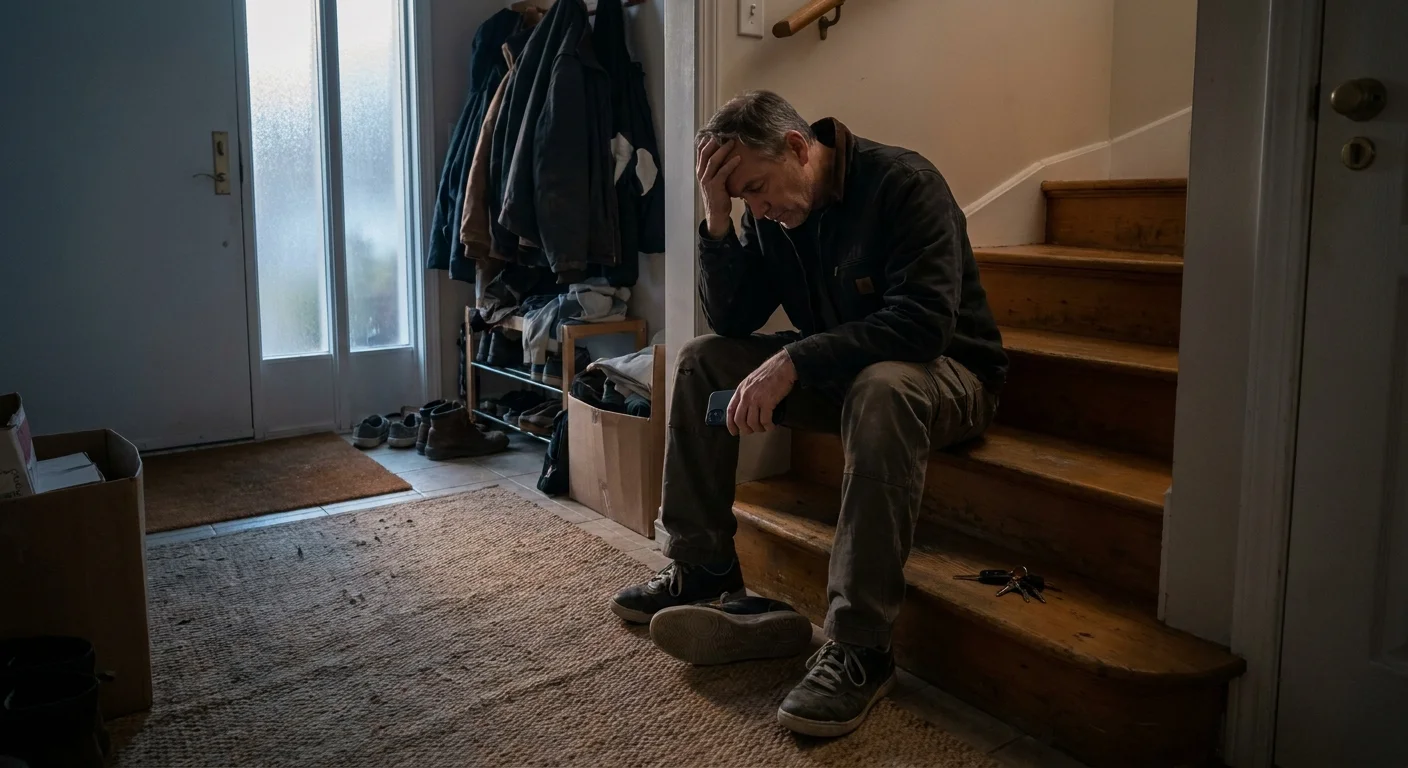 A man sitting on his stairs at home, looking exhausted and drained after a social interaction.
