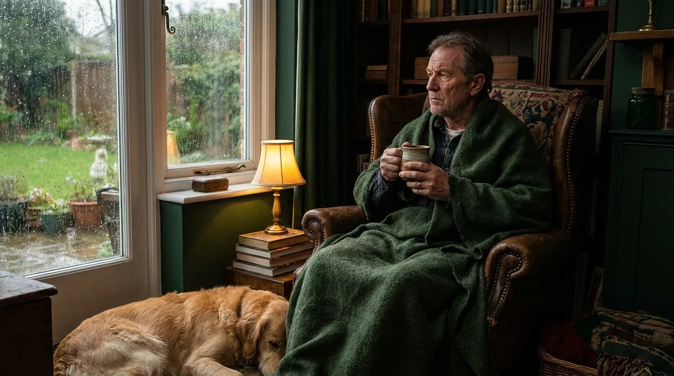A man wrapped in a blanket sits in a cozy, book-filled room, looking out at the rain while reflecting safely.