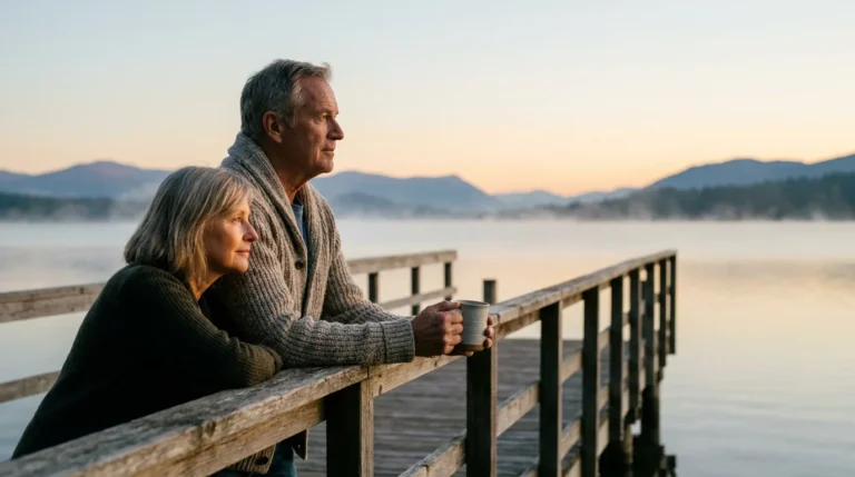 A mature couple stands peacefully on a lake pier at sunrise, symbolizing the quiet beginning of a new life chapter.