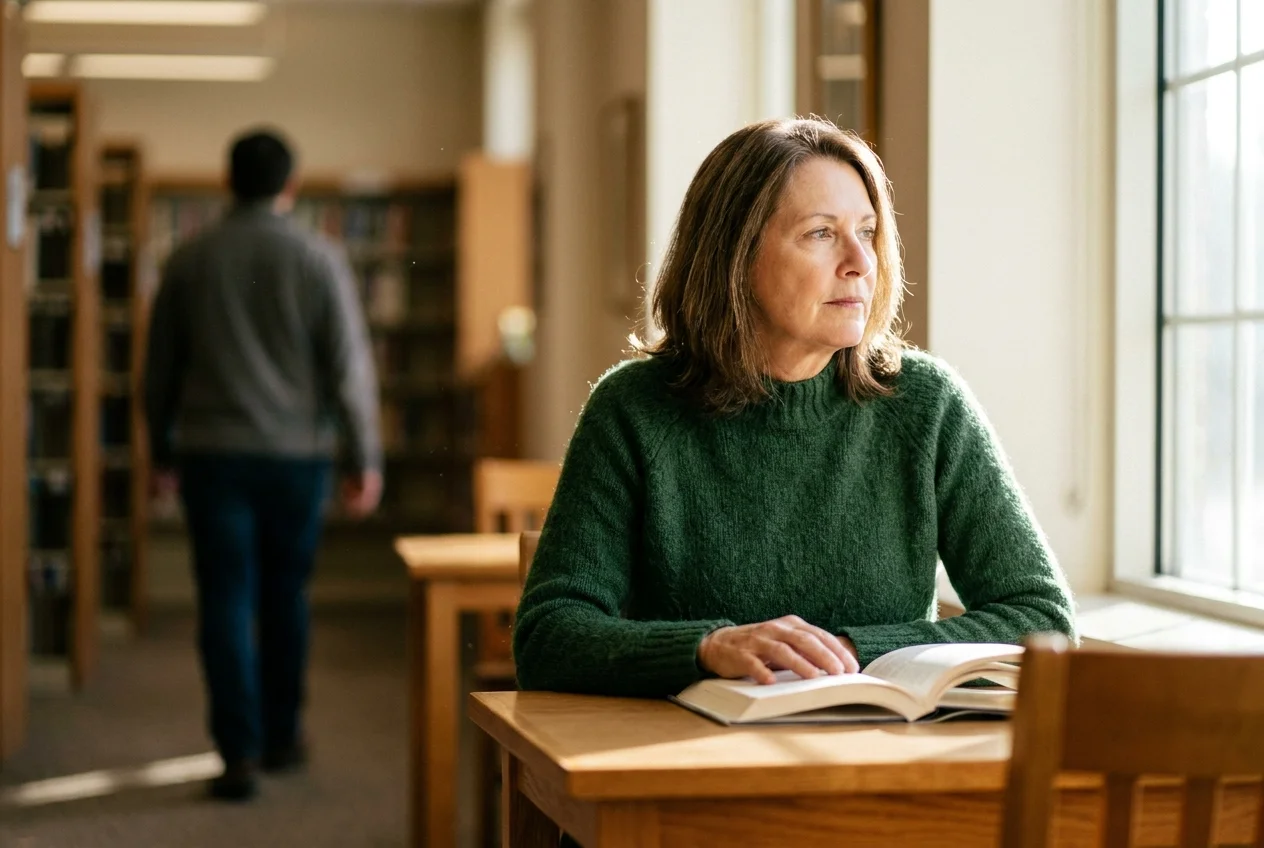 A mature woman looking thoughtfully off-camera while sitting in a sunlit library, embodying a sense of quiet observation.
