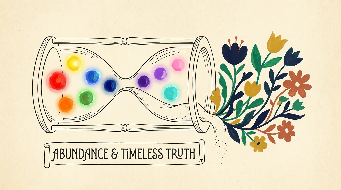 A mid-century modern illustration of an hourglass on its side with nine glowing spheres inside, symbolizing life lessons.
