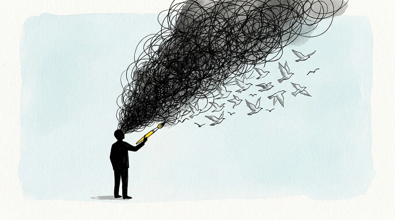 A minimalist illustration of a person using a yellow paintbrush to turn a dark scribble of worry into a flock of birds.