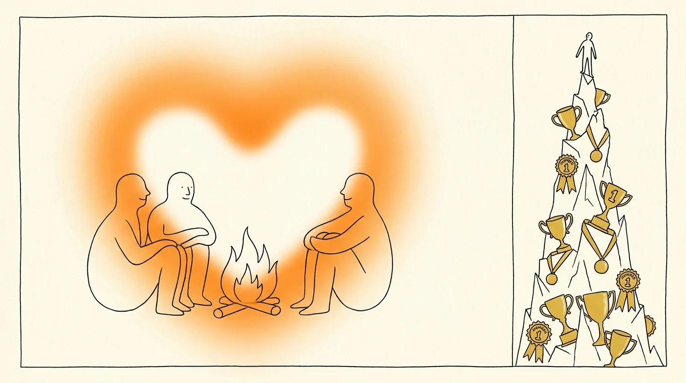 A minimalist ink drawing comparing a tiny figure on a mountain of trophies to a group of friends sharing a warm campfire.