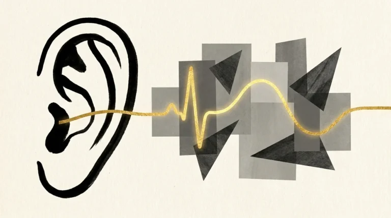 A minimalist ink illustration of an ear listening to a glowing gold line representing intuition.