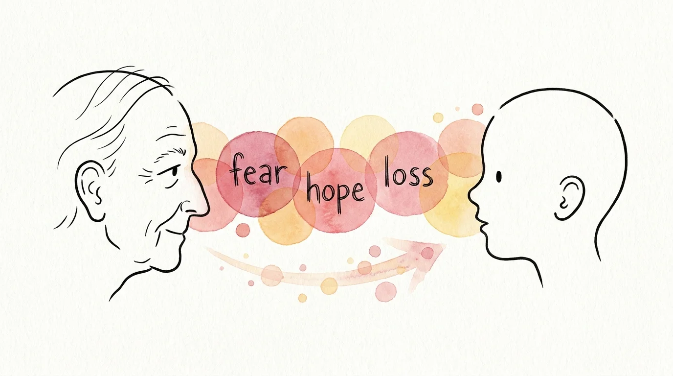 A minimalist line art illustration of two faces connected by a bridge of warm watercolor circles containing the word 'hope'.