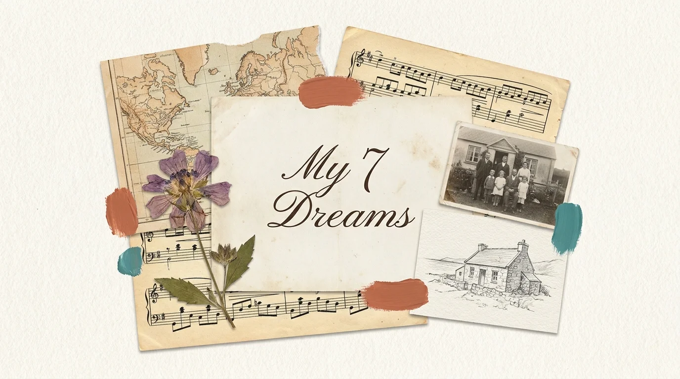A mixed-media collage featuring a handwritten list of dreams surrounded by map fragments, flowers, and photos.