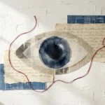 A mixed media collage featuring a large watercolor eye surrounded by torn letters and a red thread on a textured background.