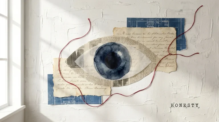 A mixed media collage featuring a large watercolor eye surrounded by torn letters and a red thread on a textured background.