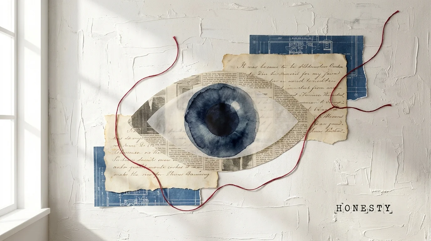A mixed media collage featuring a large watercolor eye surrounded by torn letters and a red thread on a textured background.