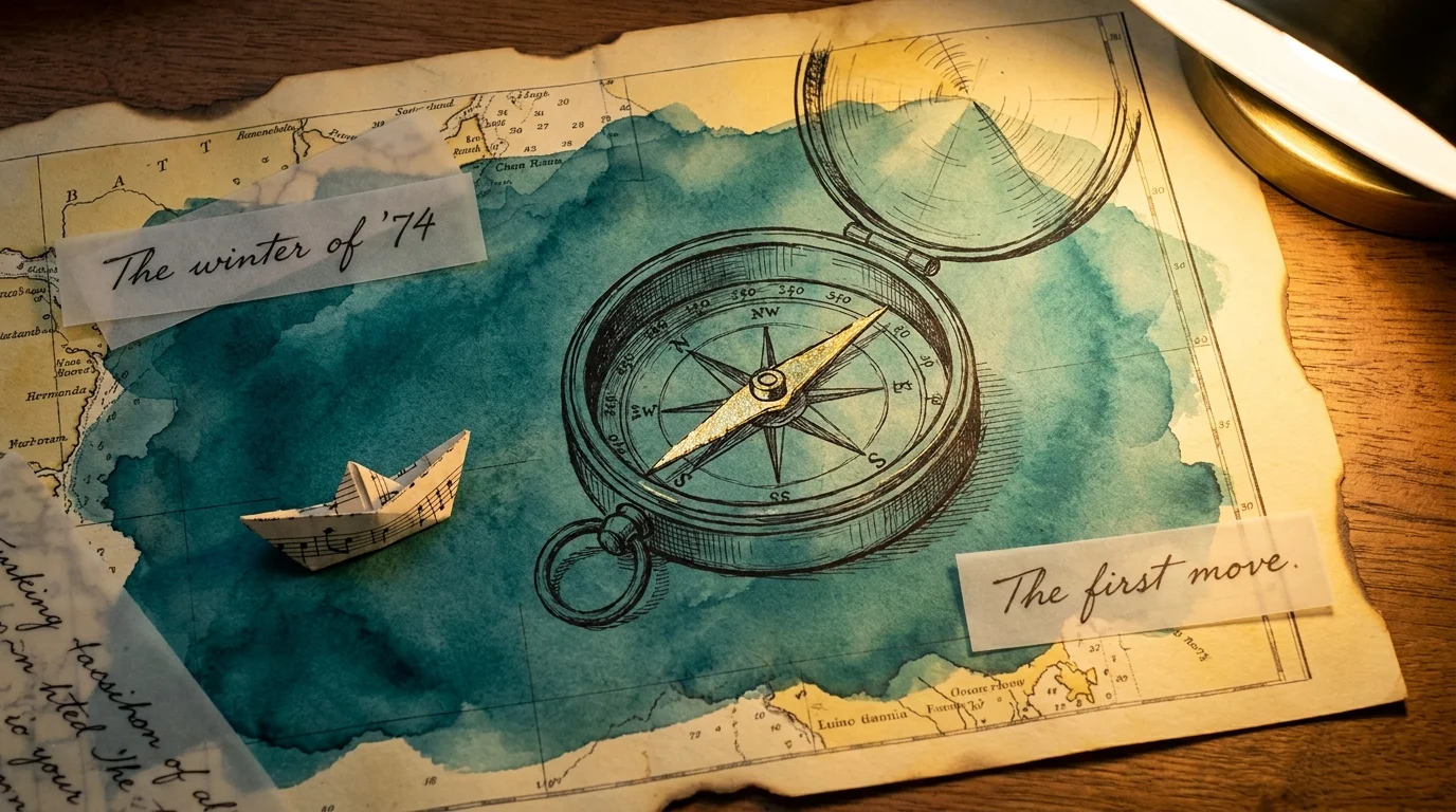 A mixed media collage featuring a vintage map, a compass with a gold needle, and a small paper boat on a watercolor sea.
