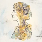 A mixed media collage of a woman's profile filled with maps and neural pathways, with a golden thread connecting her brain to her gut.