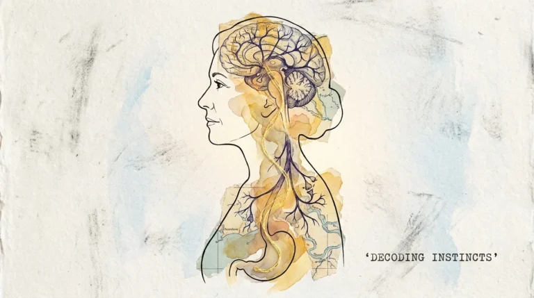 A mixed media collage of a woman's profile filled with maps and neural pathways, with a golden thread connecting her brain to her gut.