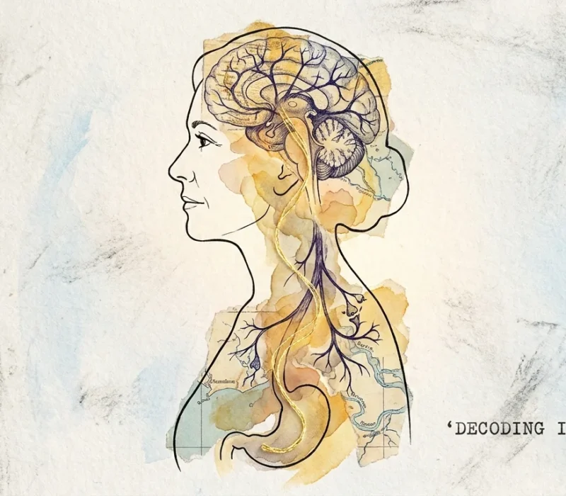 A mixed media collage of a woman's profile filled with maps and neural pathways, with a golden thread connecting her brain to her gut.