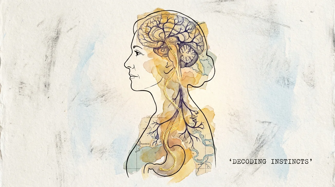 A mixed media collage of a woman's profile filled with maps and neural pathways, with a golden thread connecting her brain to her gut.