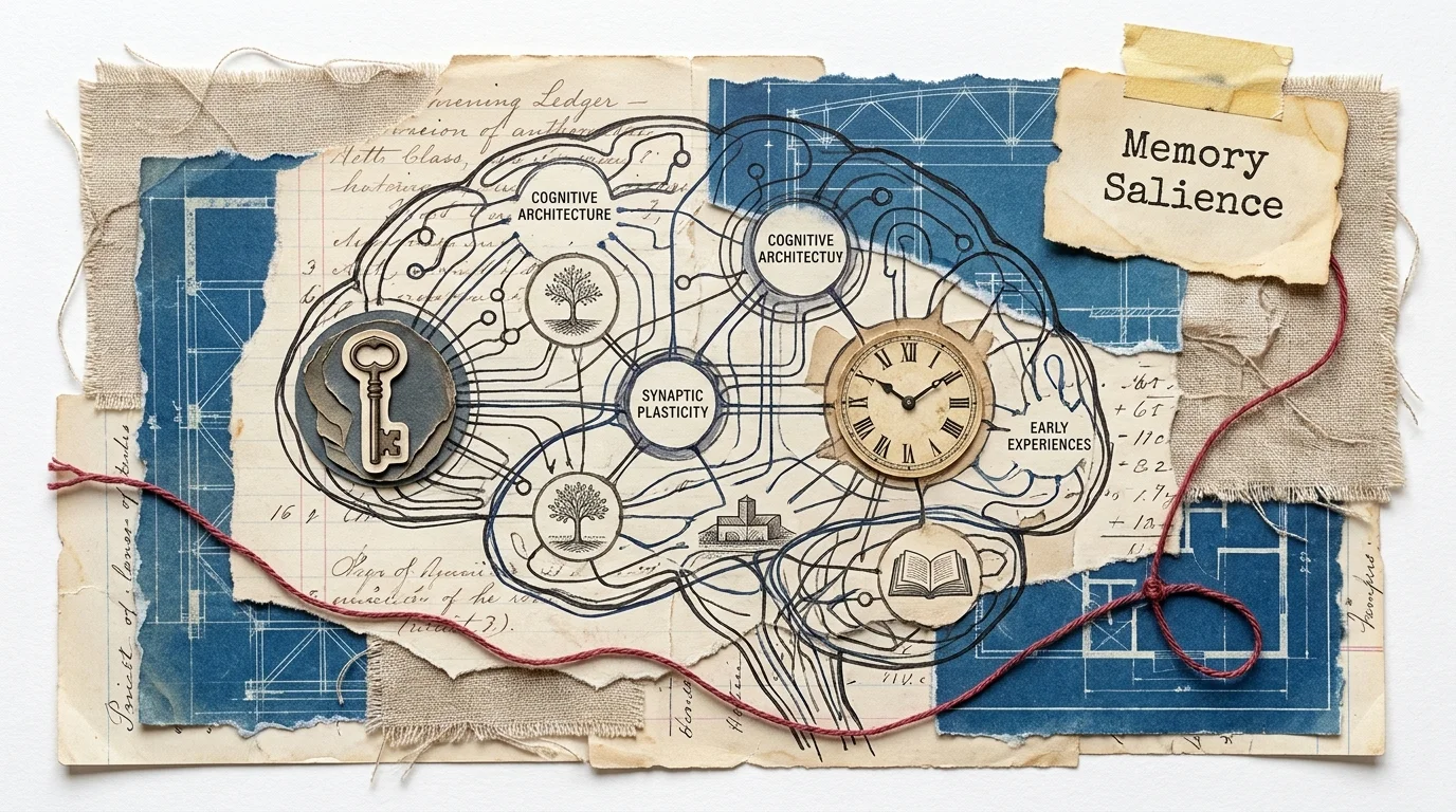 A mixed-media collage of vintage paper, blueprints, and ink lines representing the complex wiring of a child's brain.