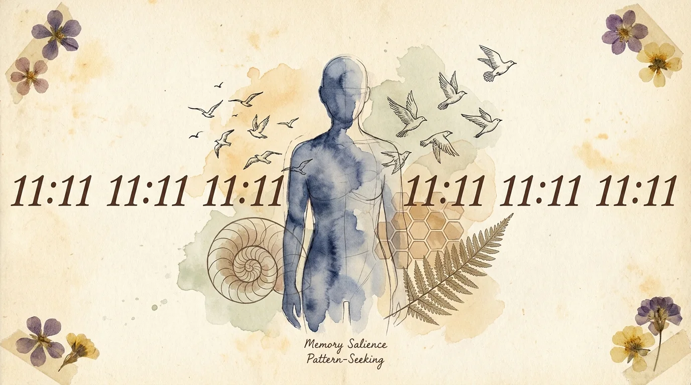 A mixed media collage showing a human silhouette surrounded by symbols of meaning like birds and repeating numbers.