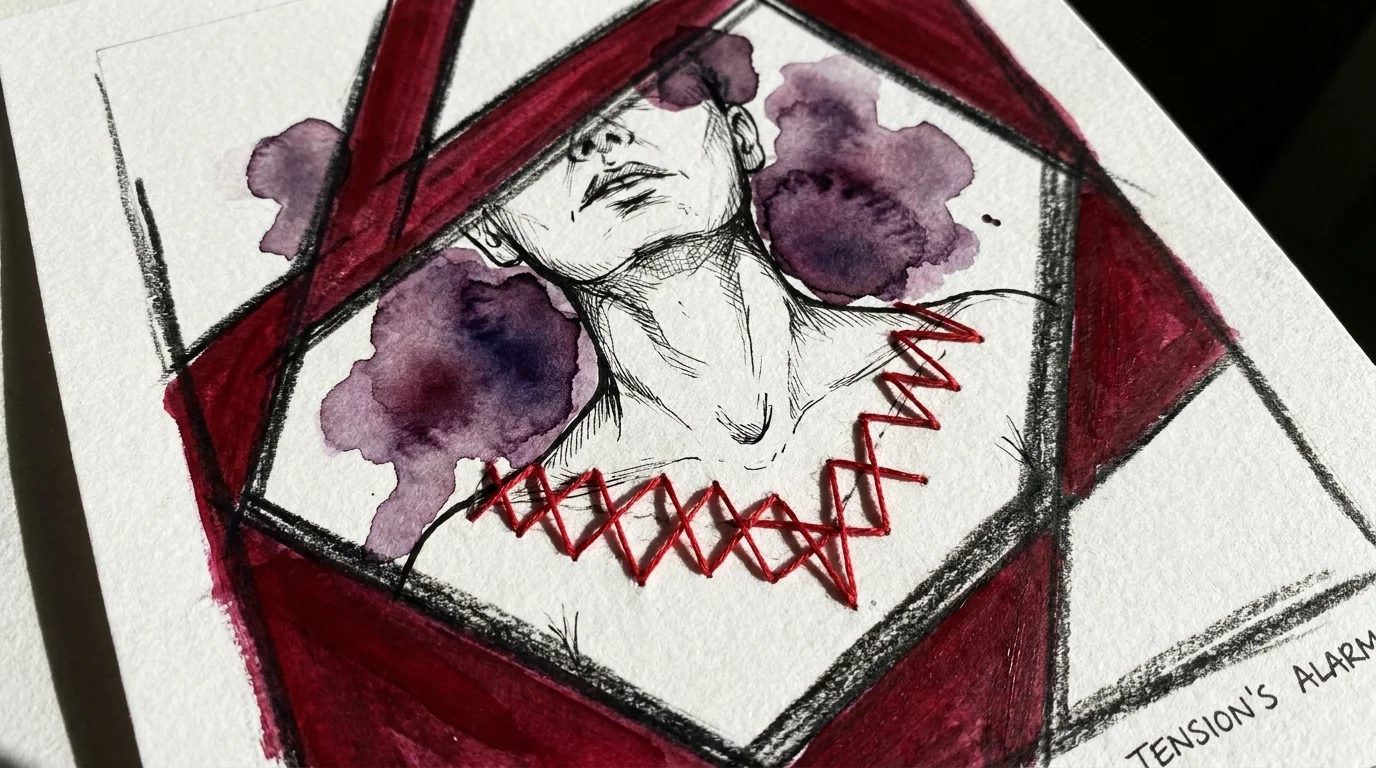 A mixed media illustration of a neck and shoulders with sharp red geometric shapes and sewn threads representing tension.