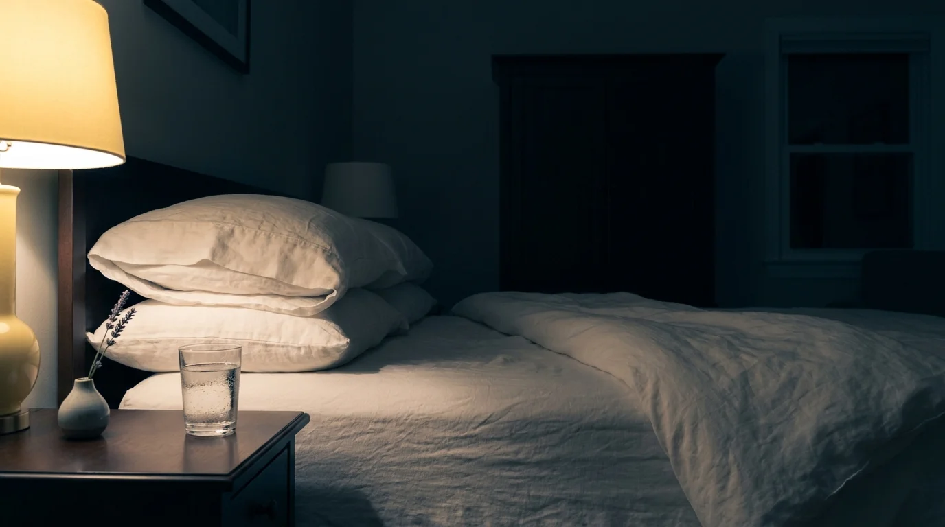A peaceful bedroom scene with soft lighting on white linen pillows and a glass of water on the nightstand.