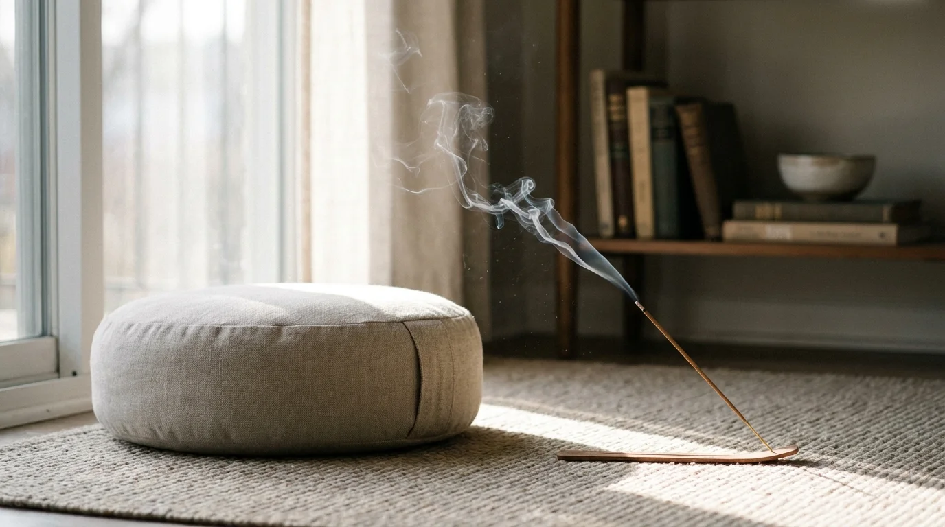 A peaceful meditation corner in a home, with a cushion and a beam of sunlight illuminating a trail of incense smoke.