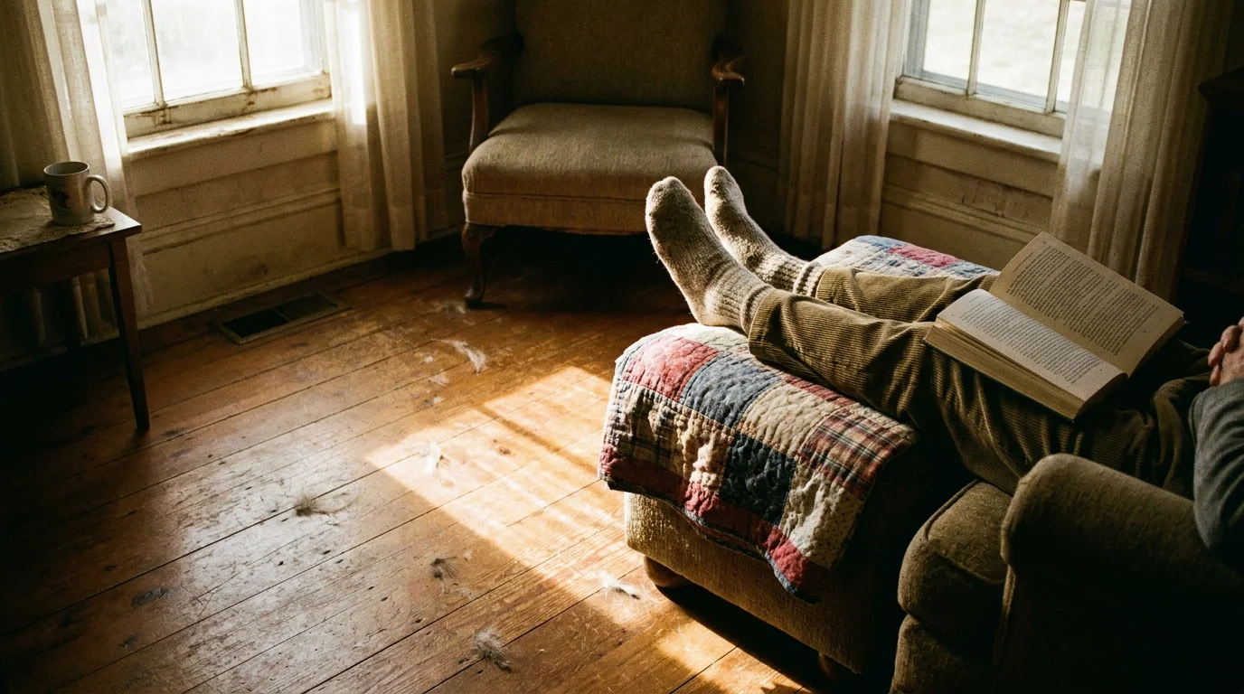 A peaceful shot of someone's legs resting on a quilt in a sunlit room, with a book resting on their lap.