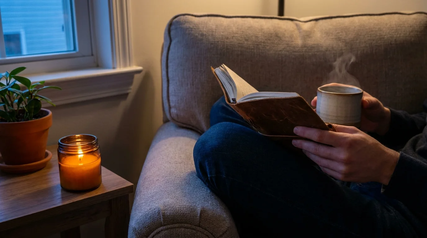 A person holding a journal and a cup of tea in a cozy, candlelit room, representing safe self-reflection.