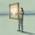 A person in a minimalist watercolor landscape holding up a glowing heart icon inside a picture frame.