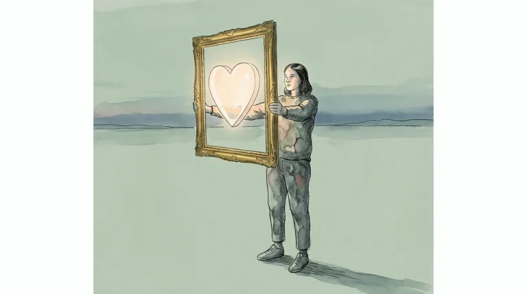 A person in a minimalist watercolor landscape holding up a glowing heart icon inside a picture frame.