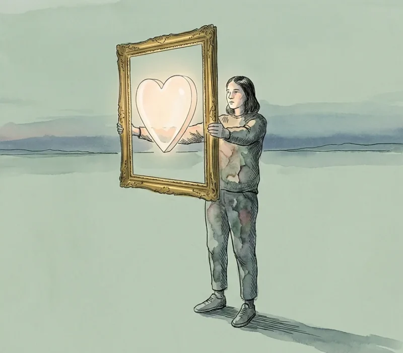 A person in a minimalist watercolor landscape holding up a glowing heart icon inside a picture frame.