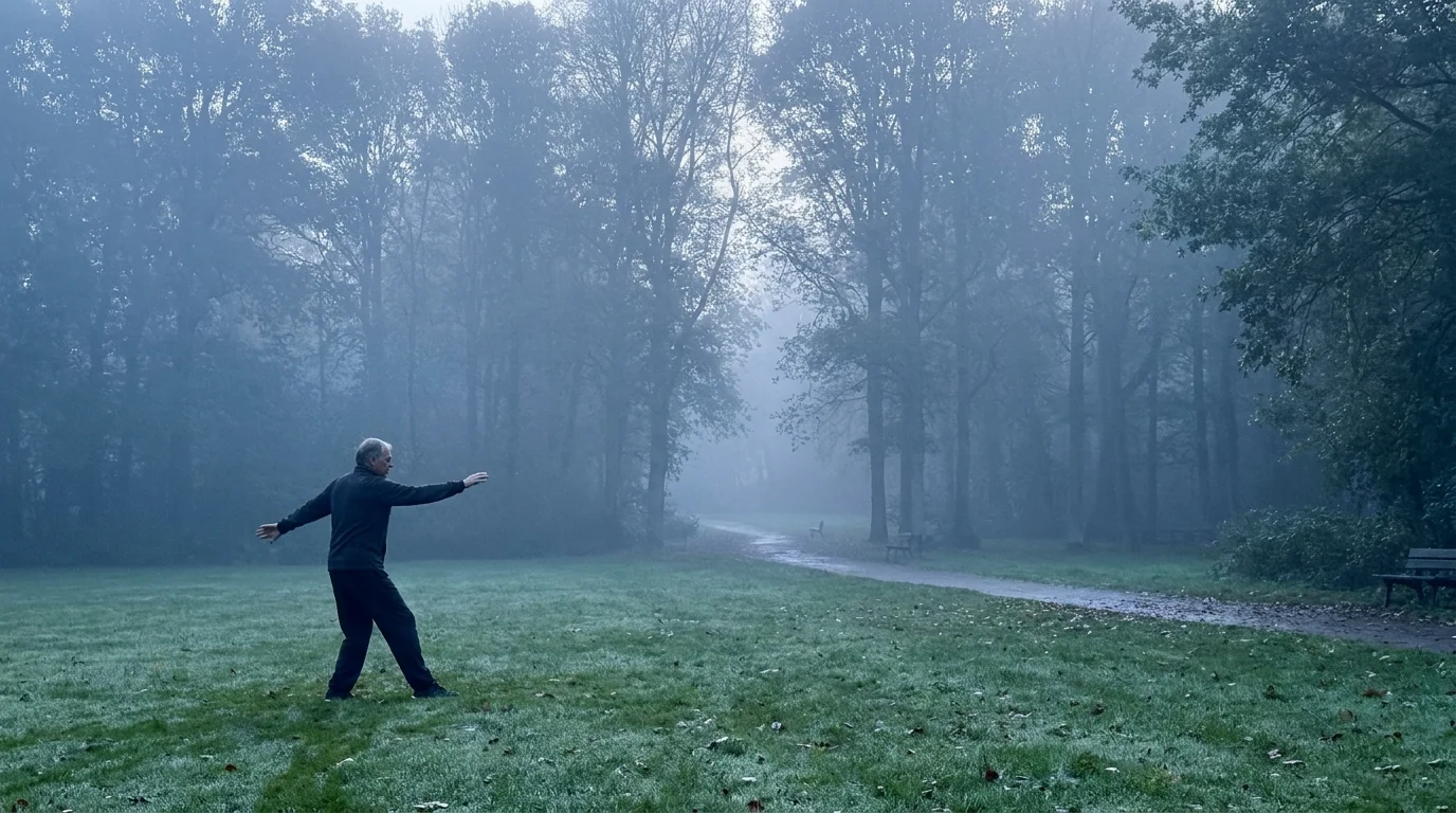 A person practicing gentle, flowing movements in a misty park at sunrise.