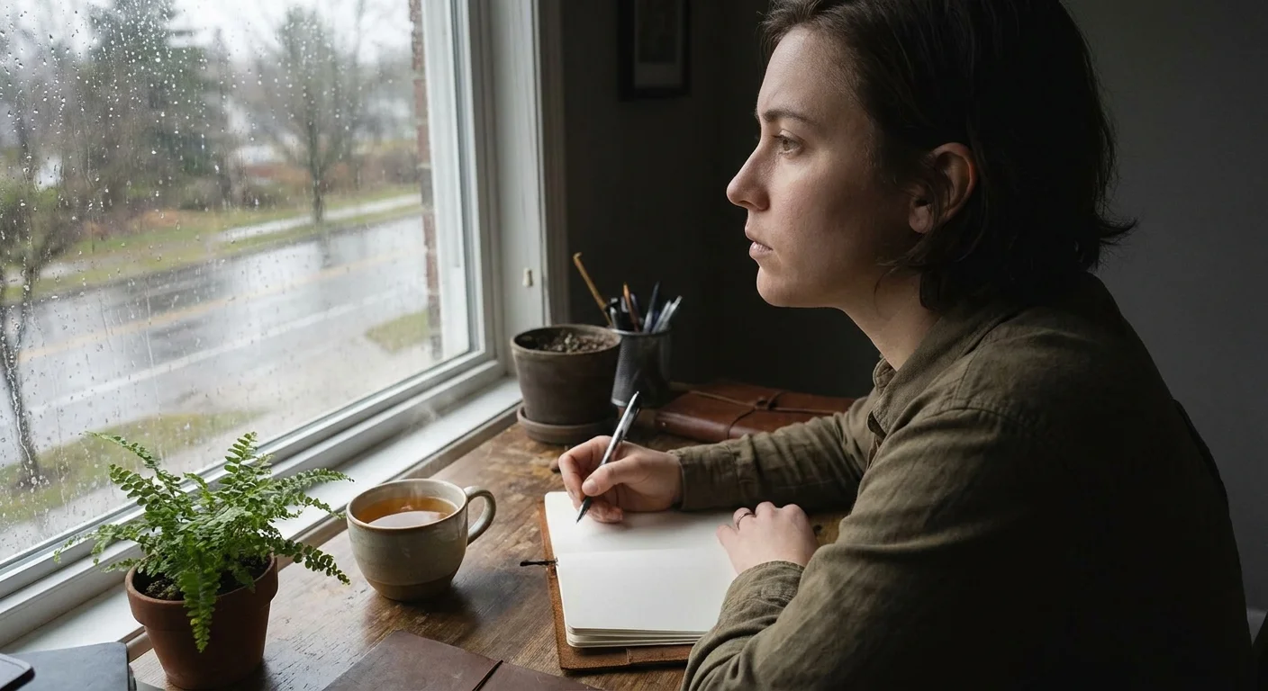 A person sitting at a desk looking out a window, reflecting before writing in a journal.