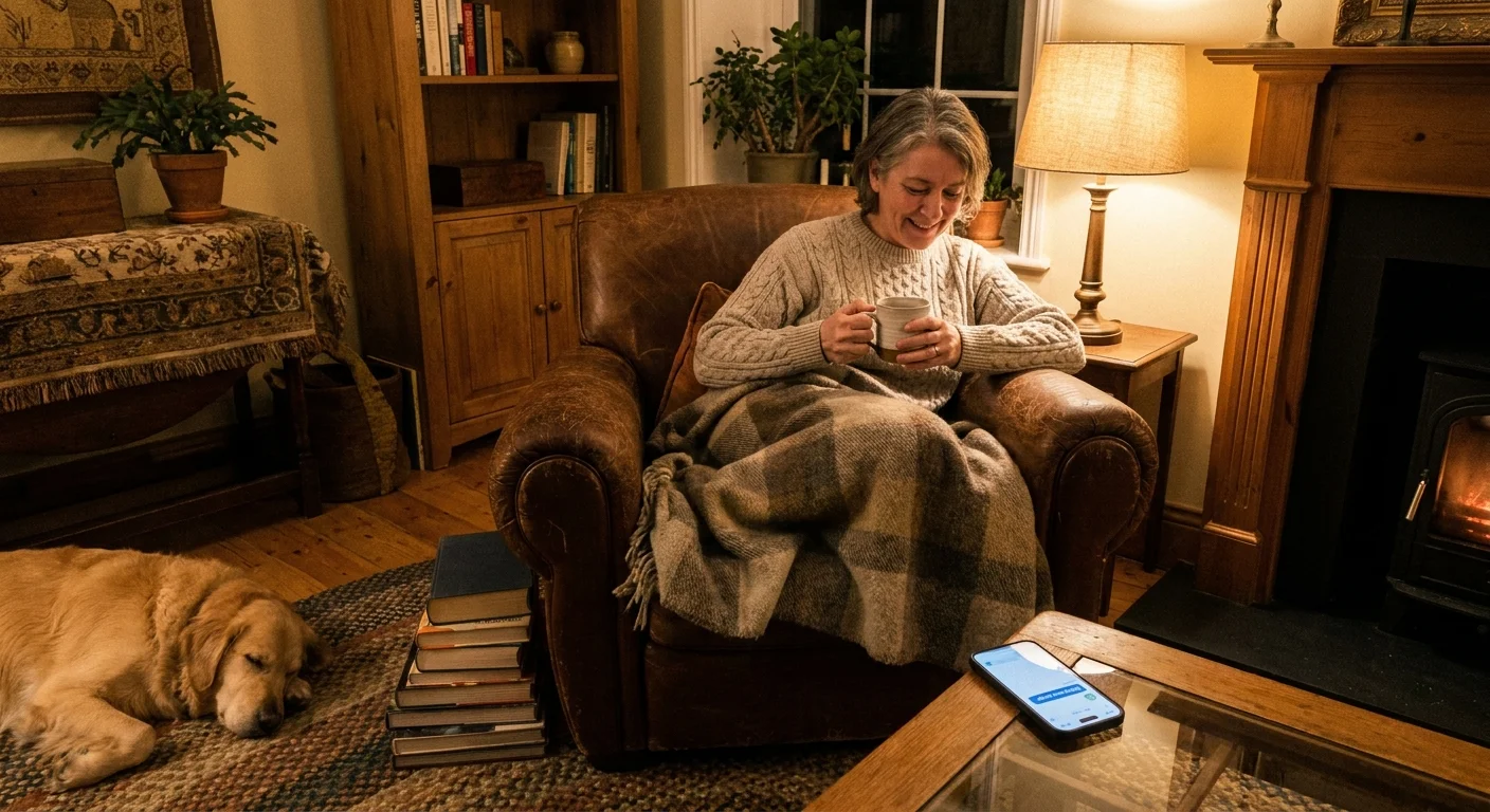 A person smiling with relief while relaxing at home after receiving a cancellation text message.