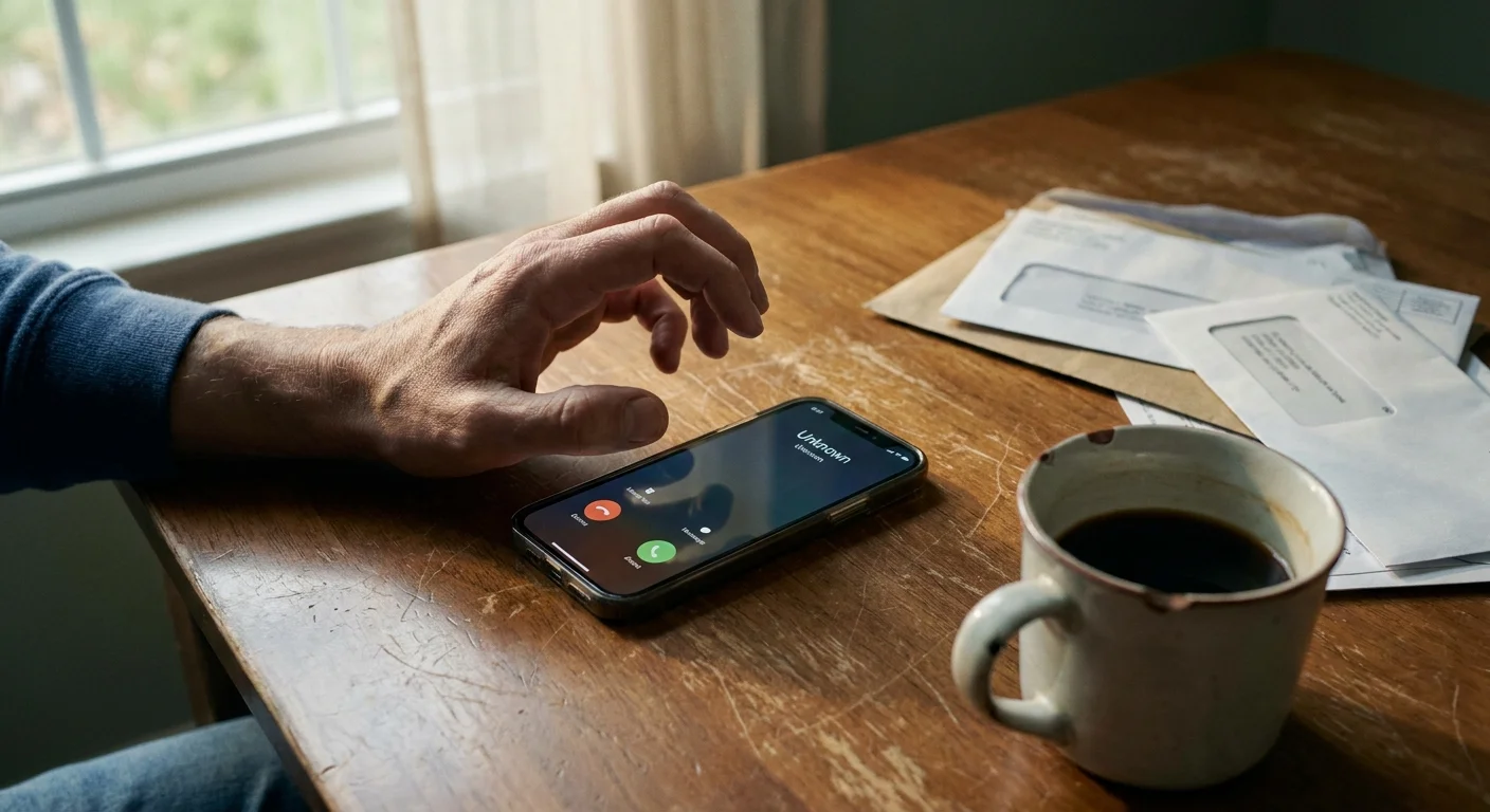 A person's hand hesitating over a ringing phone on a kitchen table, capturing a moment of internal conflict.