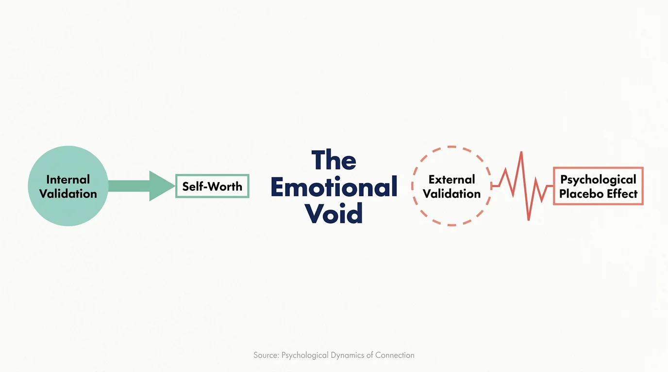 A professional diagram comparing the steady path of internal validation to the jagged, temporary effect of external validation.