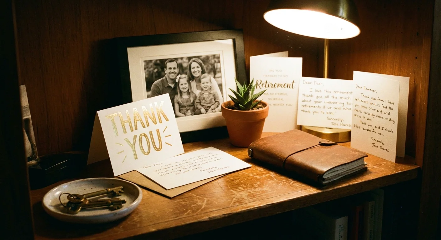 A retirement card displayed on a home shelf next to a family photo and a journal in warm lamp light.