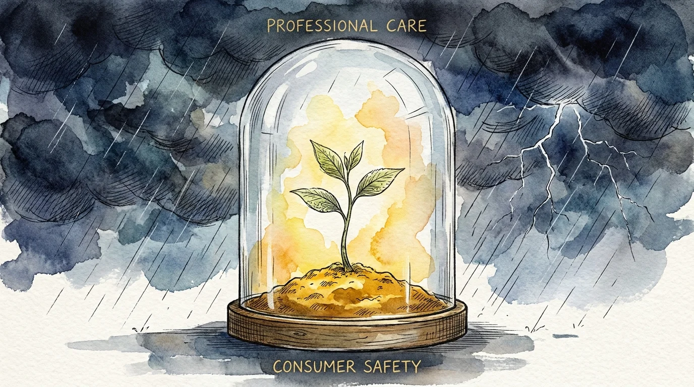 A seedling protected by a glass dome from a storm outside, symbolizing safety and professional care.