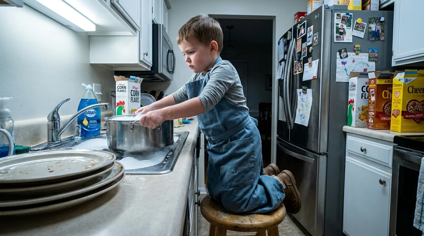 A small child standing on a stool to wash dishes in a realistic kitchen, wearing an oversized apron.
