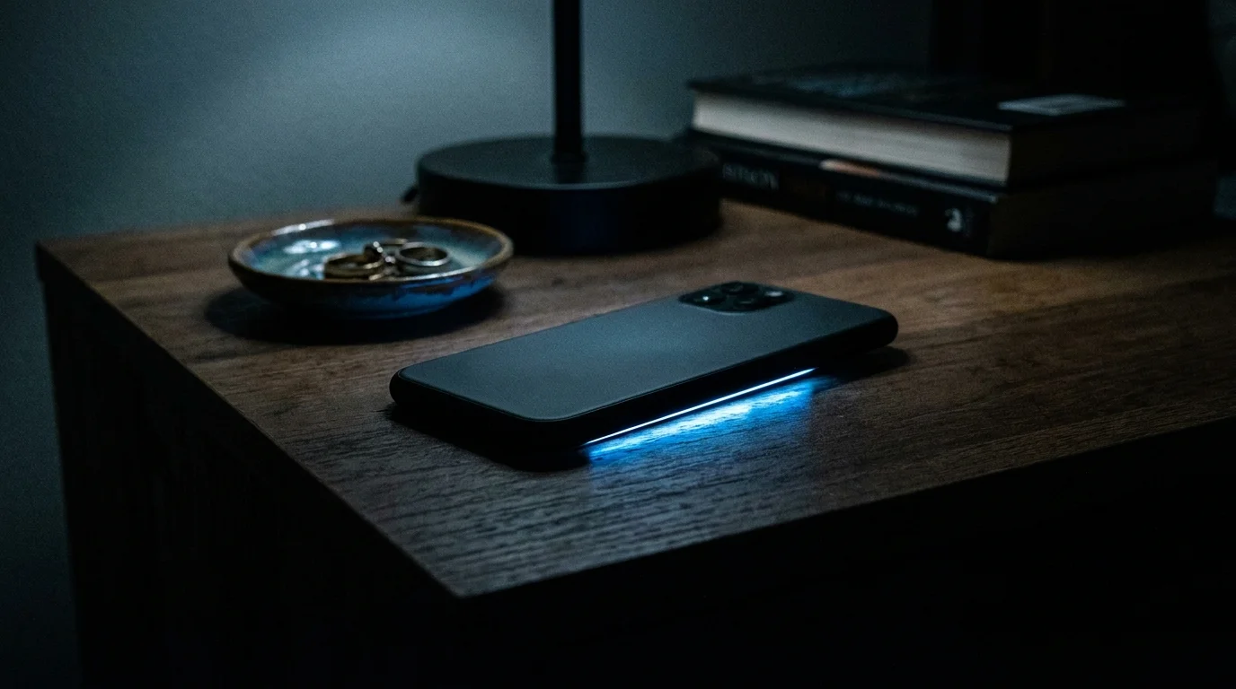 A smartphone lying face-down on a nightstand in a dark room, with bright blue light leaking from the edges of the screen.