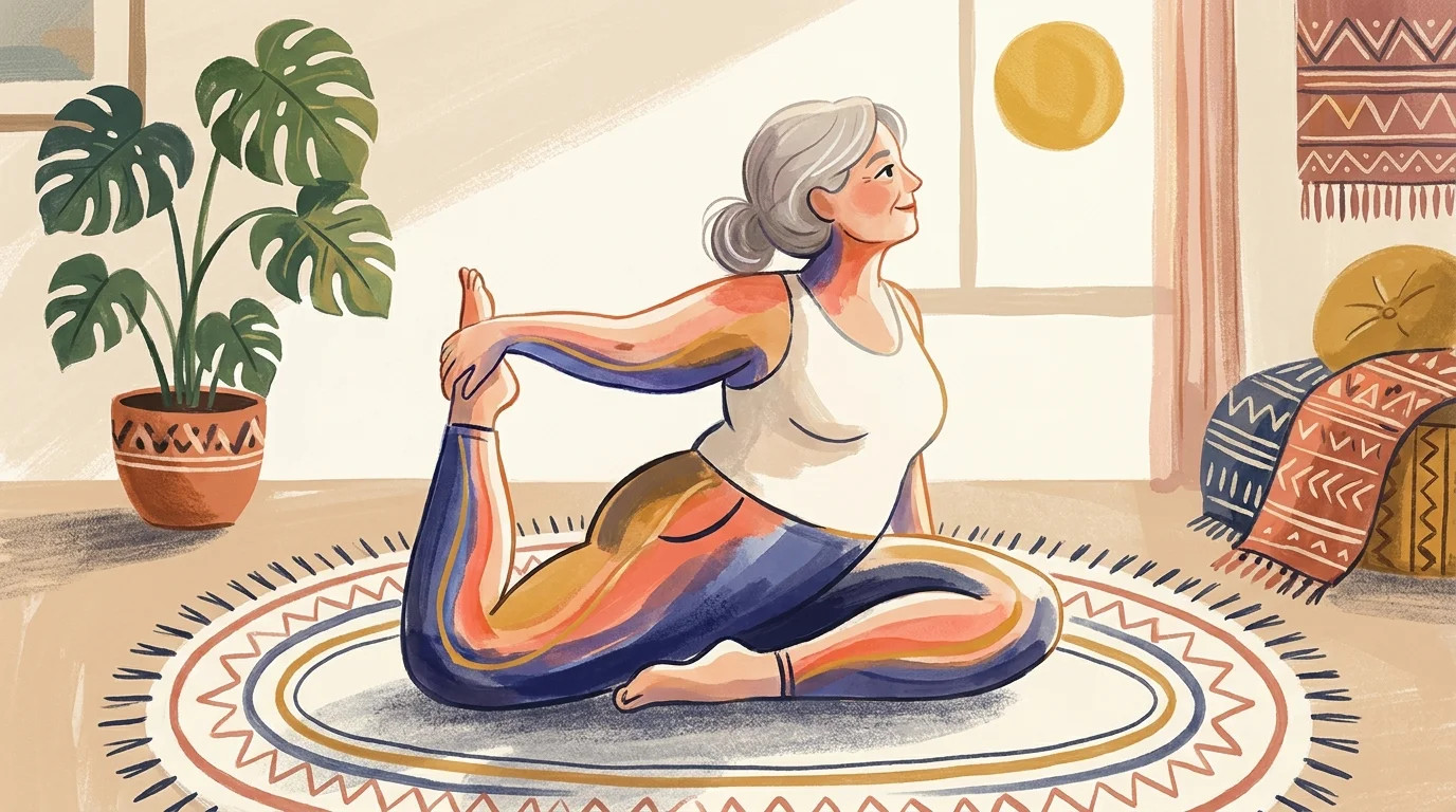A stylized gouache illustration of a person practicing gentle, restorative yoga in a sunlit room.