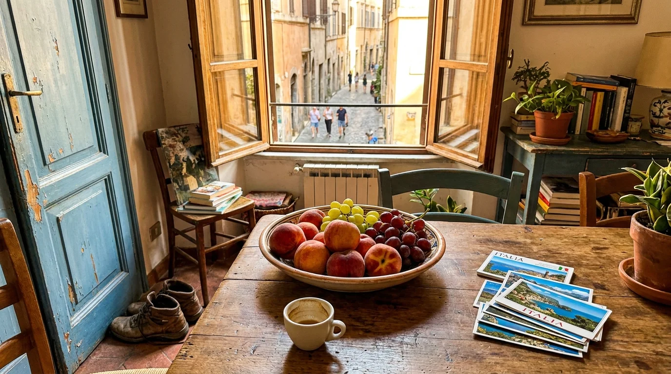 A sun-drenched European apartment interior with local fruit and espresso, looking out onto a cobblestone street.