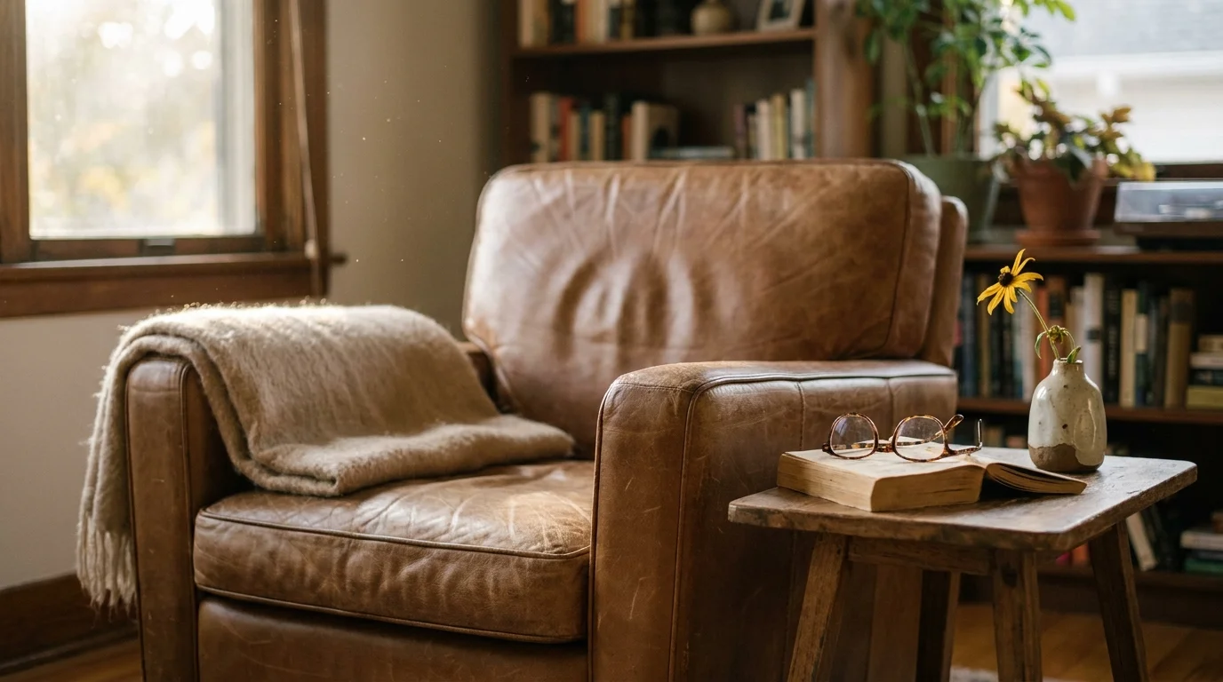 A sunlit, empty leather armchair with a book and glasses on a side table, evoking a sense of loving memory and grief.